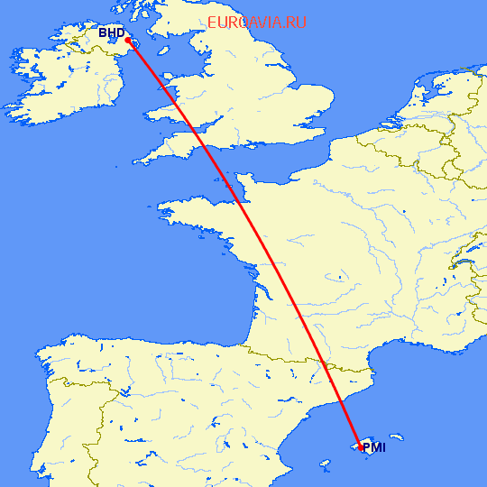 перелет Белфаст — Пальма де Майорка на карте