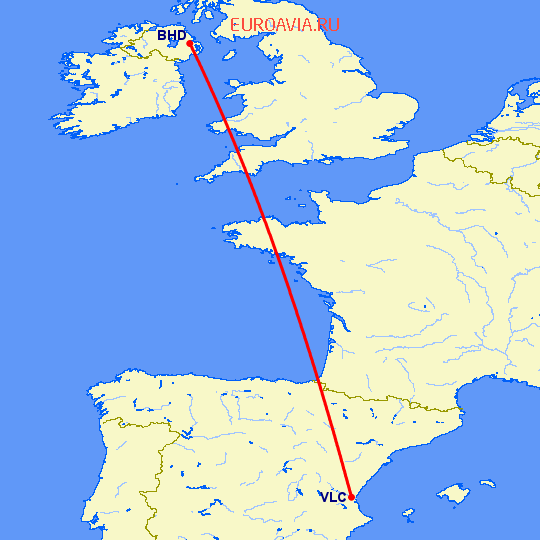 перелет Белфаст — Валенсия на карте