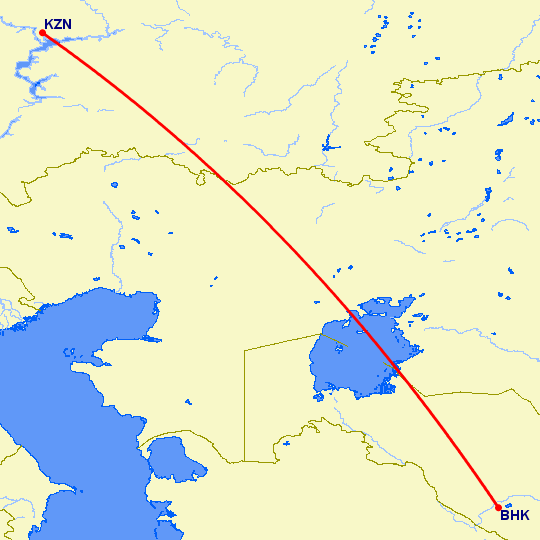 перелет Бухара — Казань на карте