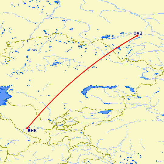 перелет Бухара — Новосибирск на карте