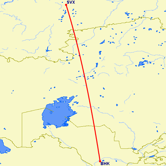 перелет Бухара — Екатеринбург на карте