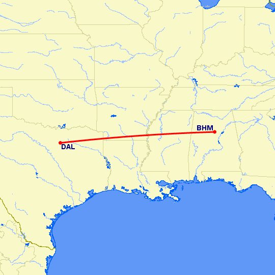 перелет Бирмингем — Даллас на карте