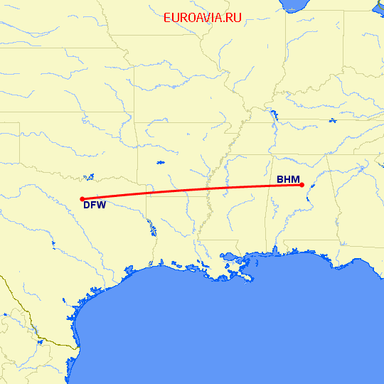 перелет Бирмингем — Даллас на карте