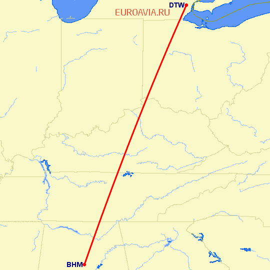 перелет Бирмингем — Детройт на карте