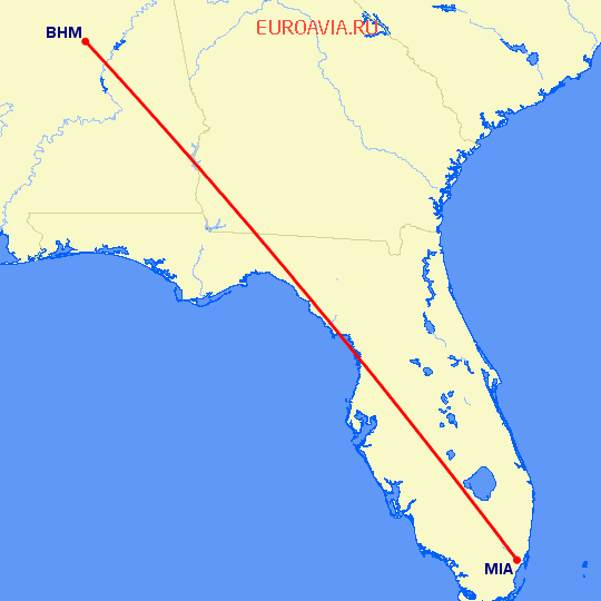 перелет Бирмингем — Майами на карте