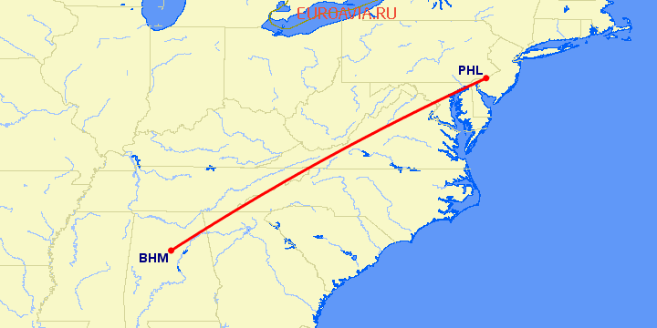 перелет Бирмингем — Филадельфия на карте