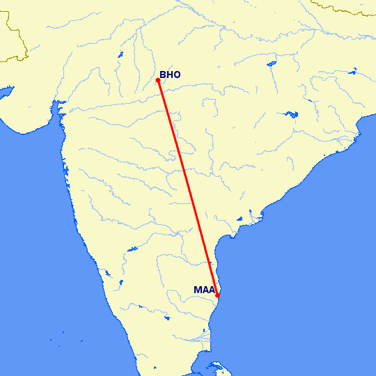 перелет Бхопал — Мадрас Ченнай на карте