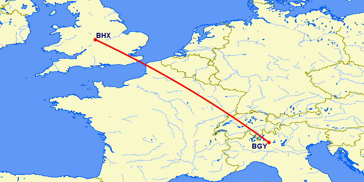 перелет Бирмингем — Бергамо на карте