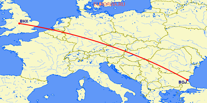 перелет Бирмингем — Бургас на карте