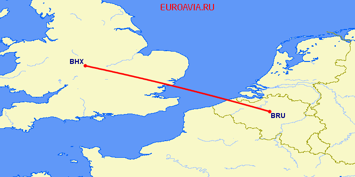 перелет Бирмингем — Брюссель на карте