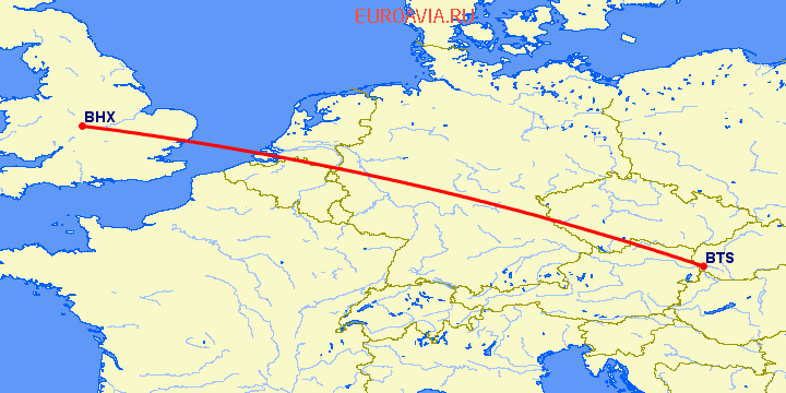 перелет Бирмингем — Братислава на карте
