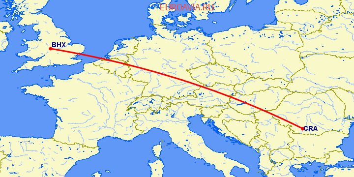 перелет Бирмингем — Крайова на карте