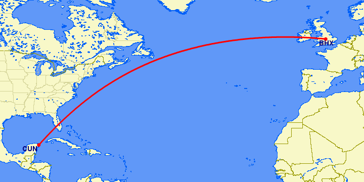 перелет Бирмингем — Канкун на карте
