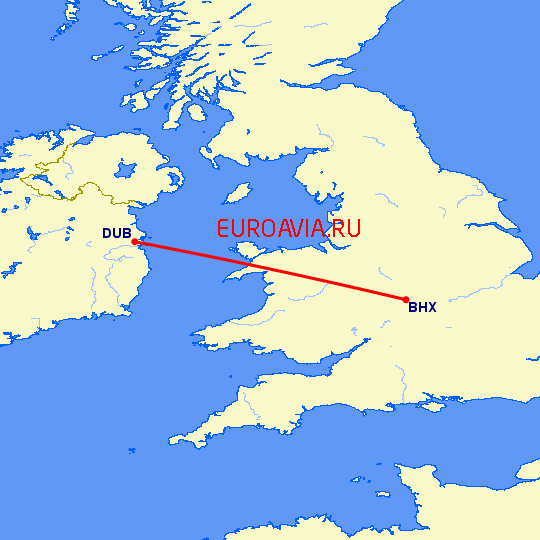 перелет Бирмингем — Дублин на карте