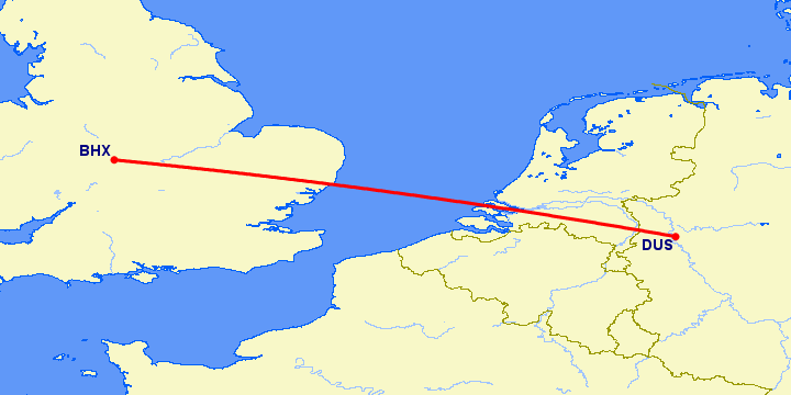 перелет Бирмингем — Дюссельдорф на карте
