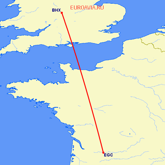 перелет Бирмингем — Бержерак на карте