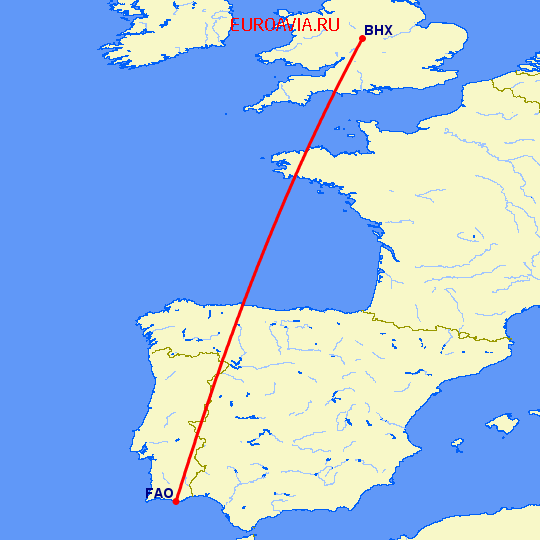 перелет Бирмингем — Фару на карте