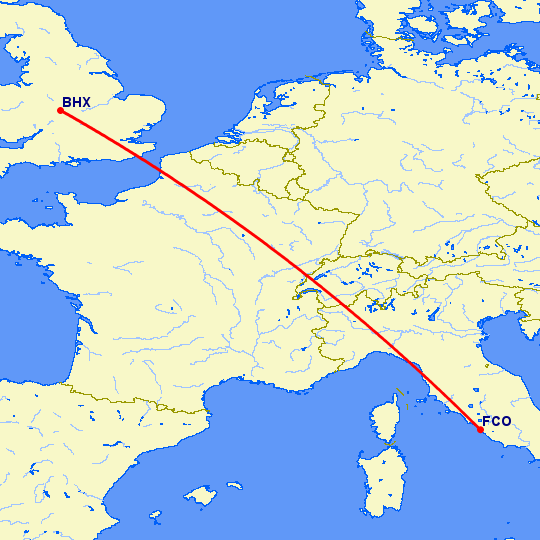 перелет Бирмингем — Рим на карте