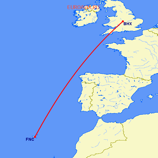 перелет Бирмингем — Фуншал  на карте