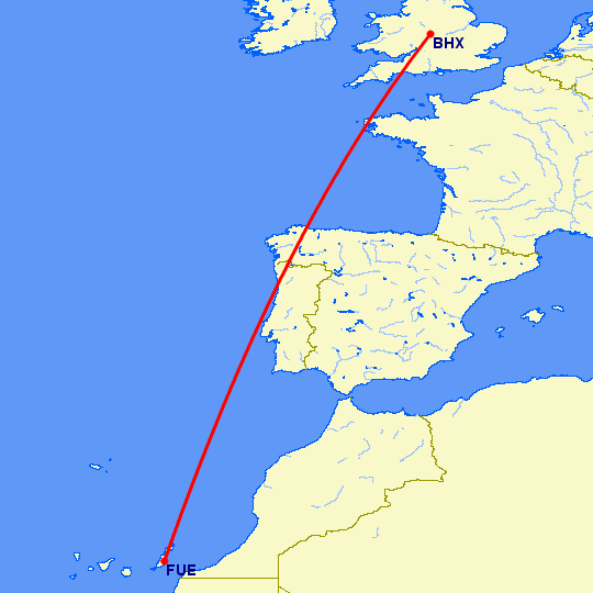 перелет Бирмингем — Пуэрто дель Росарио на карте