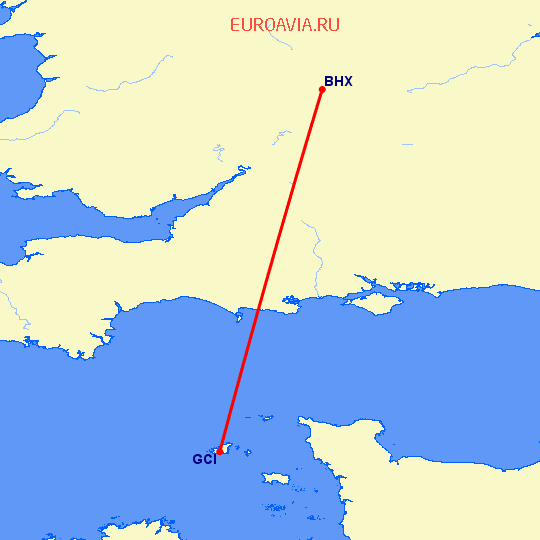 перелет Бирмингем — Гернси на карте