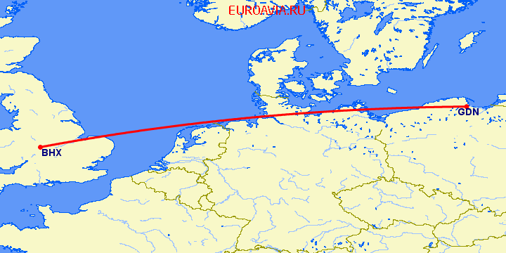 перелет Бирмингем — Гданьск на карте