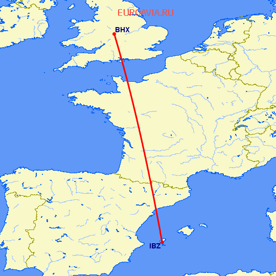 перелет Бирмингем — Ибица на карте