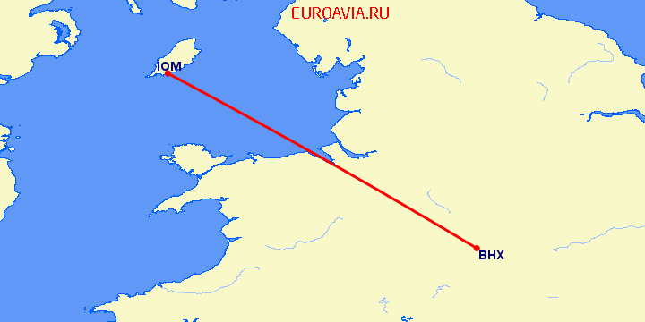 перелет Бирмингем — Остров Мэн на карте
