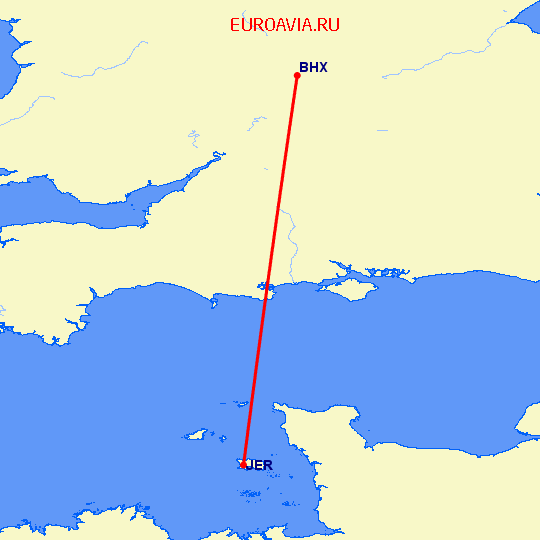 перелет Бирмингем — Джерси на карте