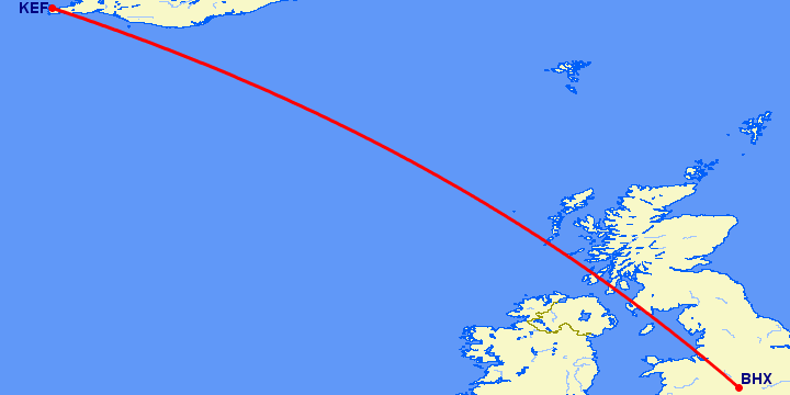 перелет Бирмингем — Рейкьявик на карте