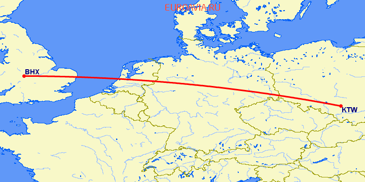 перелет Бирмингем — Катовице на карте