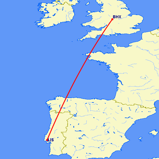 перелет Бирмингем — Лиссабон на карте