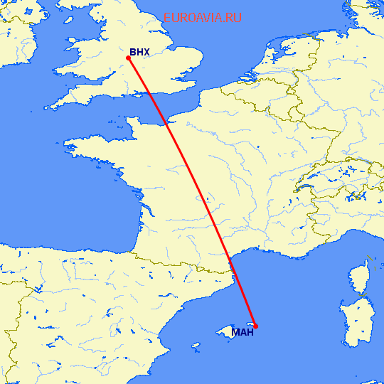 перелет Бирмингем — Менорка на карте