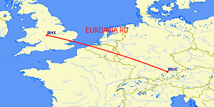 перелет Бирмингем — Мюнхен на карте