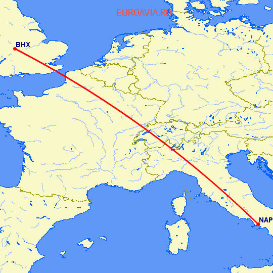 перелет Бирмингем — Неаполь на карте
