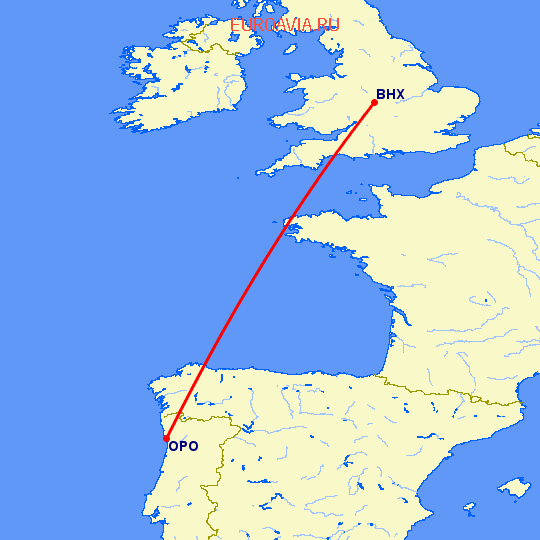 перелет Бирмингем — Порту на карте