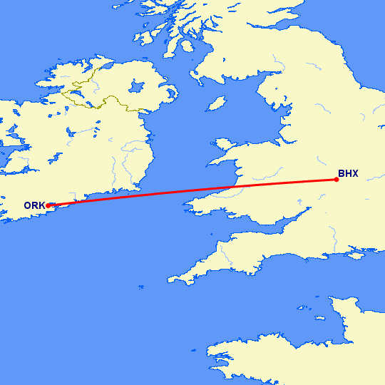 перелет Бирмингем — Корк на карте