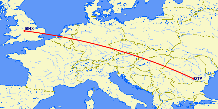 перелет Бирмингем — Бухарест на карте