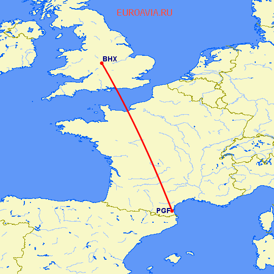 перелет Бирмингем — Перпиньян на карте