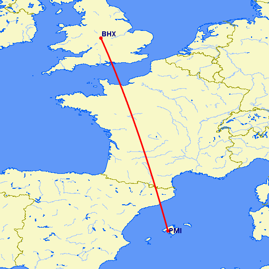перелет Бирмингем — Пальма де Майорка на карте