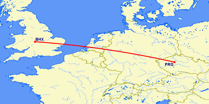 перелет Бирмингем — Прага на карте