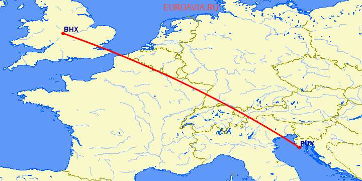 перелет Бирмингем — Пула на карте