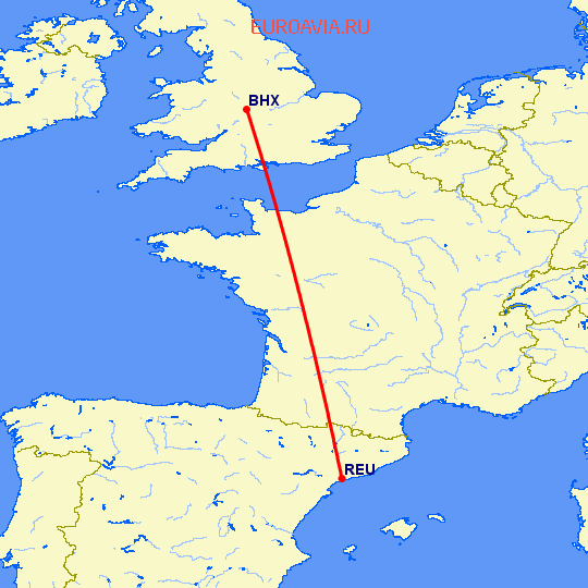 перелет Бирмингем — Реус на карте