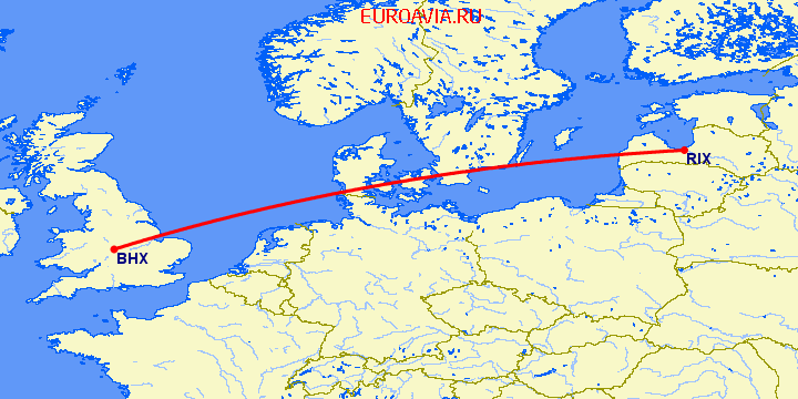 перелет Бирмингем — Рига на карте