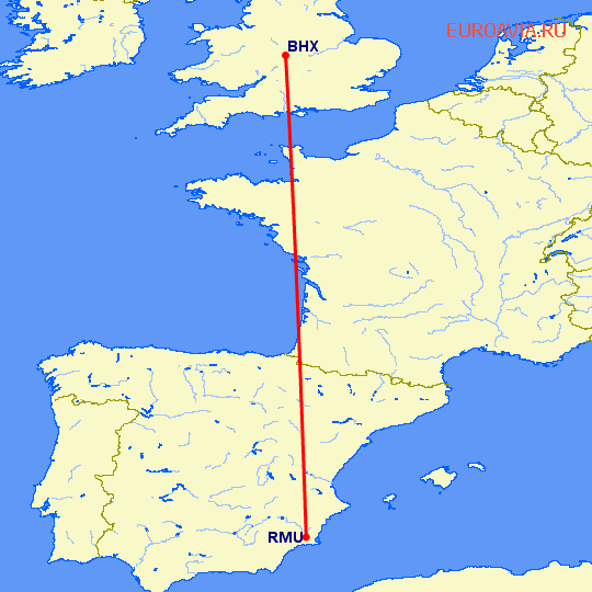 перелет Бирмингем — Мурсия на карте