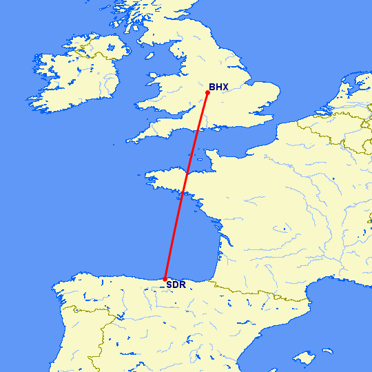 перелет Бирмингем — Сантандер на карте
