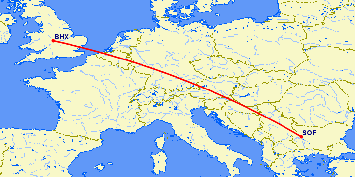 перелет Бирмингем — София на карте