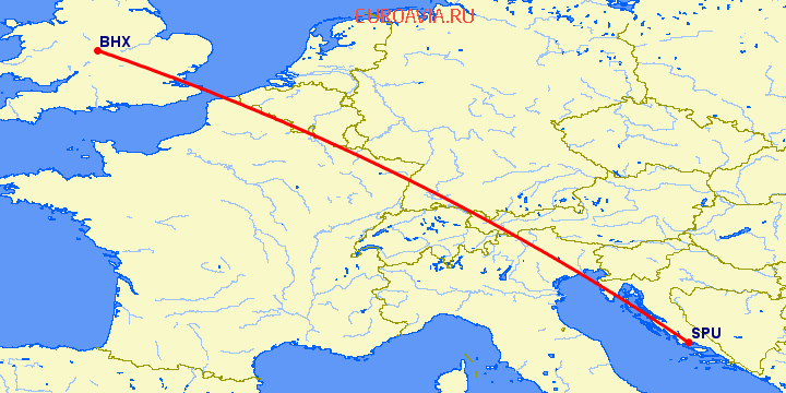 перелет Бирмингем — Сплит на карте