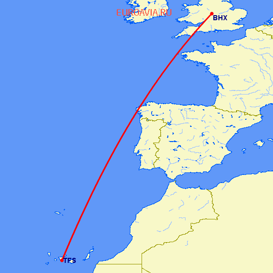 перелет Бирмингем — Тенерифе на карте