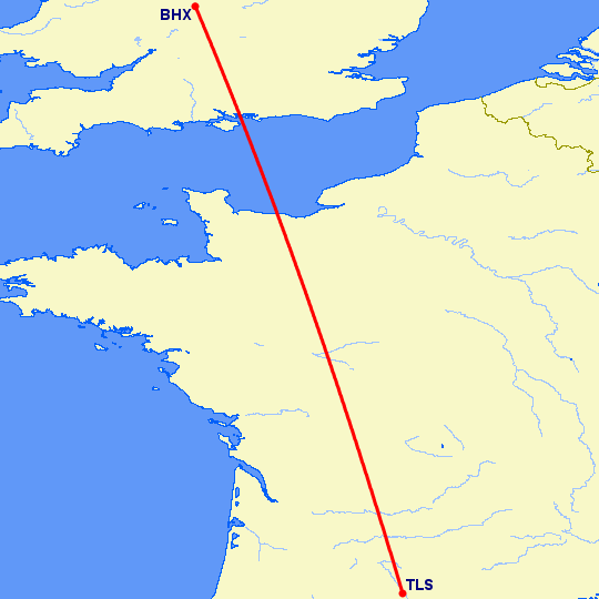 перелет Бирмингем — Тулуза на карте